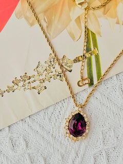 Christian Dior Vintage Iconic Gold Amethyst Water Tear Drop Pendant Necklace