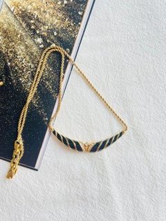 Christian Dior Vintage Iconic Gold Black Enamel Twist Crescent Pendant Necklace
