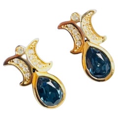 Christian Dior Vintage Iconic Gold Blue Sapphire Water Drop Moons Earringso