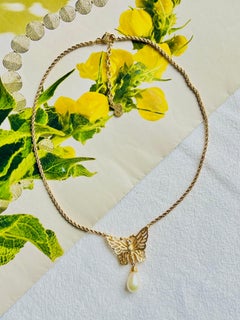 Christian Dior Vintage Iconic Gold Butterfly White Water Drop Pearl Necklace