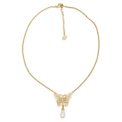 Christian Dior Vintage Iconic Gold Butterfly White Water Drop Pearl Necklace