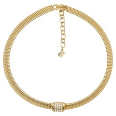Christian Dior Vintage Iconic Gold Crystals Square Choker Pendant Omega Necklace