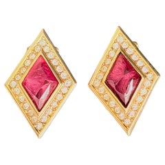 Christian Dior Vintage Iconic Gold Gripoix Ruby Red Diamond Crystals Earrings