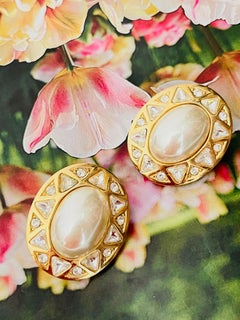 Christian Dior Vintage Iconic Gold Huge White Pearl Crystals Chunky Earrings
