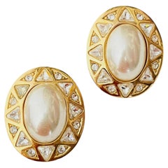 Christian Dior Vintage Iconic Gold Huge White Pearl Crystals Chunky Earrings