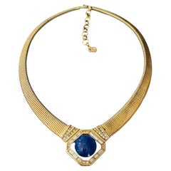 Christian Dior Vintage Iconic Gold Lapis Foil Cabochon Octagon Omega Necklace
