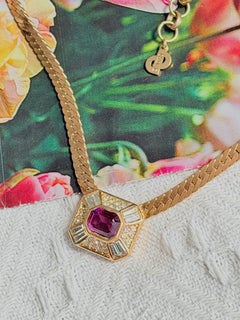 Christian Dior Vintage Iconic Gold Octagon Amethyst Purple Pendant Necklace