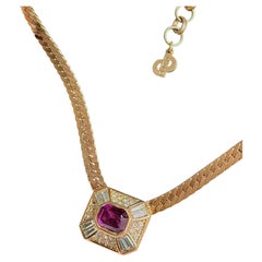 Christian Dior Vintage Iconic Gold Octagon Amethyst Purple Pendant Necklace