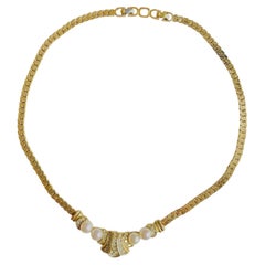 Christian Dior Vintage Iconic Gold Pearls Crystals White Moon Fan Necklace