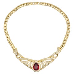 Christian Dior Vintage Iconic Gold Ruby Peacock Water Drop Wing Chunky Necklace