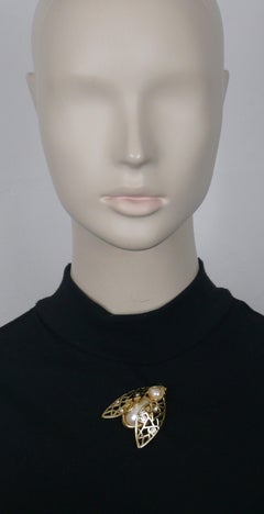 CHRISTIAN DIOR Vintage Iconic Gold-Tone Bee Brooch with Faux Pearls & Crystals