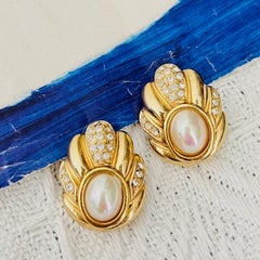 Christian Dior Vintage Iconic Gold White Pearl Oval Crystals Pierced Earrings
