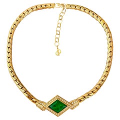 Christian Dior Vintage Iconic Gripoix Emerald Diamond Gold Statement Necklace