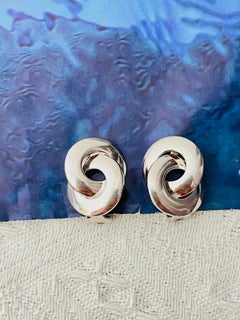 Christian Dior Vintage Iconic Large Silver Glow Circle Hoop Interlocked Earrings
