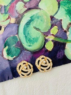 Christian Dior Vintage Iconic Rare Camellia Rose Crystals Gold Clip Earrings