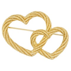 Spilla Christian Dior Vintage Iconica Unisex in oro, grande, con doppio cuore e cordino a forma di cuore