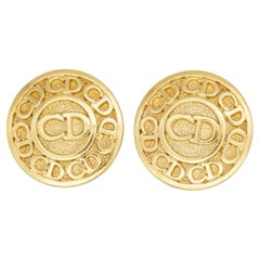 Christian Dior Vintage Iconic Unisex Gold Textured CD Circle Round Coin Earrings