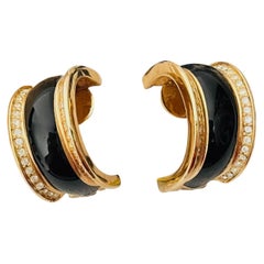 Christian Dior Vintage Iconic Unisex Large Black Domed Gold Hoop Chunky Earrings