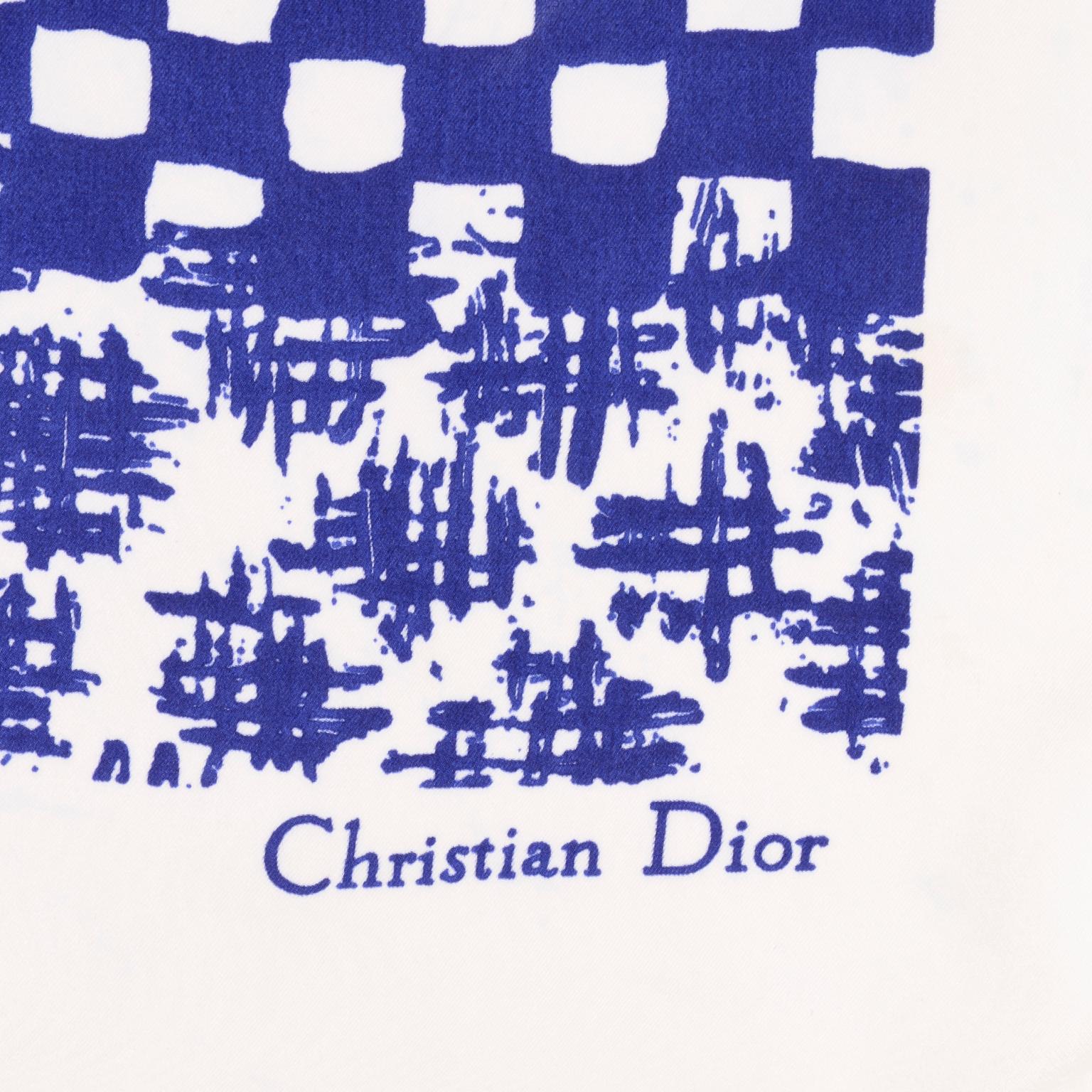 Christian Dior Vintage Indigo Blue and White Patchwork Pattern Silk Scarf 1