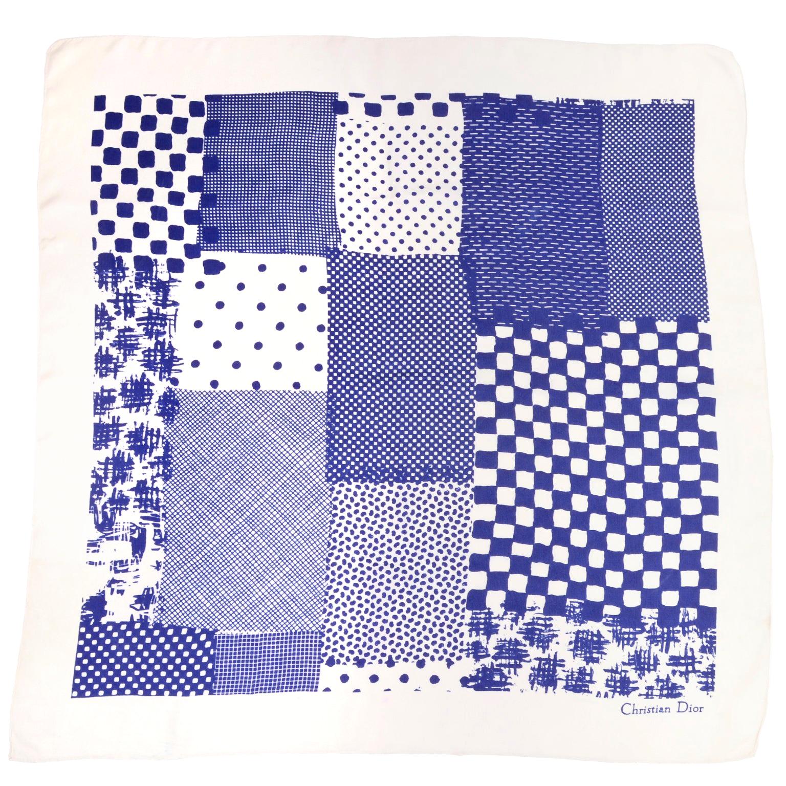 Christian Dior Vintage Indigo Blue and White Patchwork Pattern Silk Scarf
