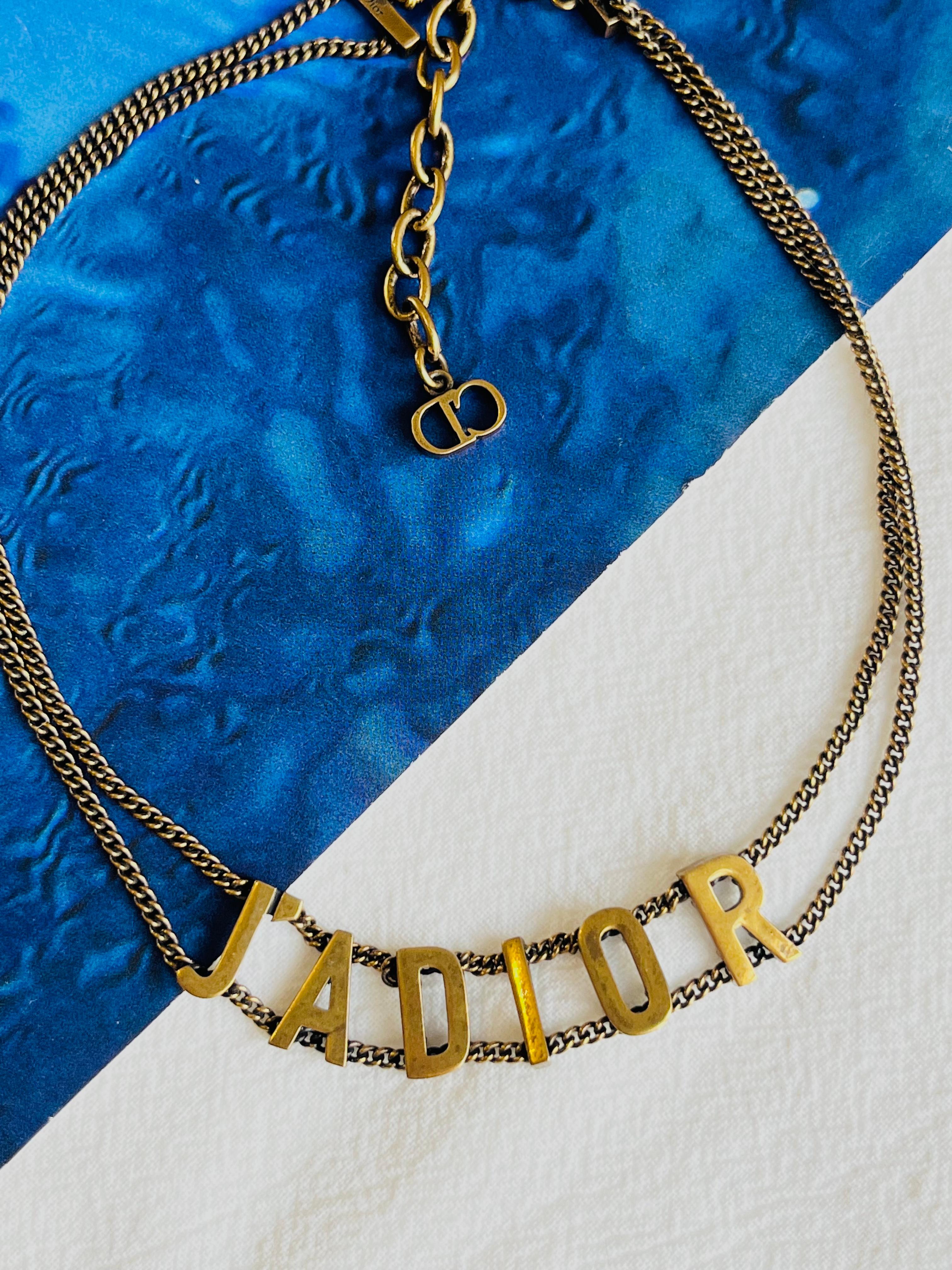 Christian Dior Vintage J'adior Logo Pendant Double Chain Choker Gold Necklace In Good Condition For Sale In Wokingham, England