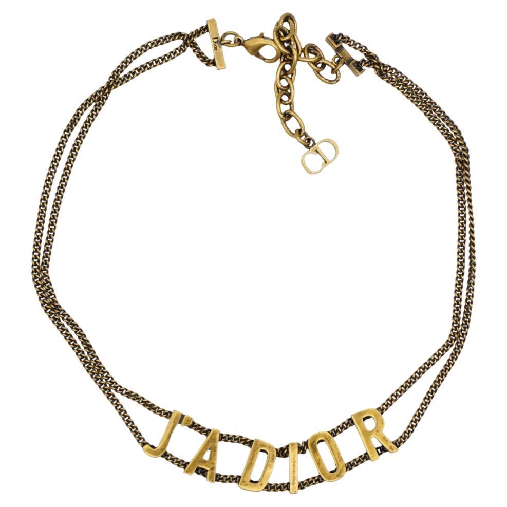 Christian Dior Vintage J'adior Logo Pendant Double Chain Choker Gold Necklace For Sale