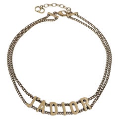 Christian Dior Vintage J'adior Logo Pendant Double Chain Choker Gold Necklace