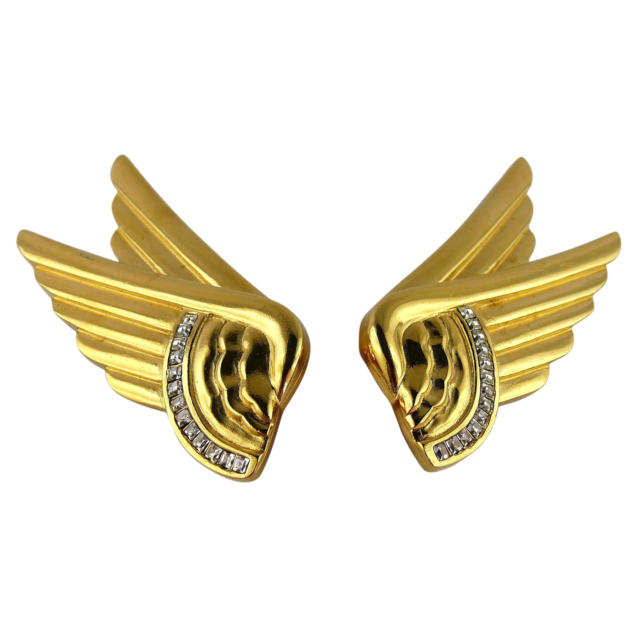 Christian Dior Vintage Jewelled Art Deco Streamline Wings Clip-On Earrings