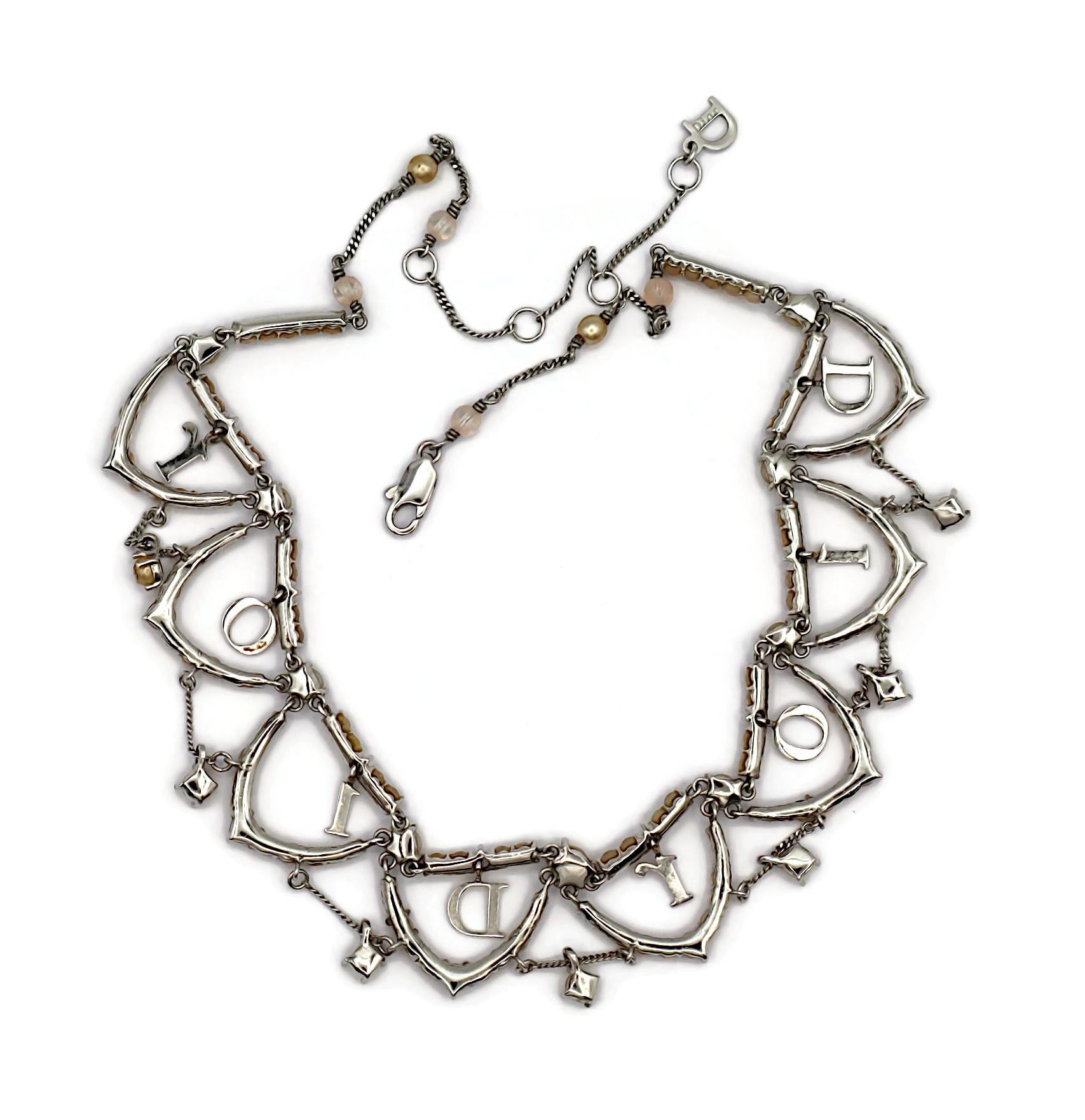 CHRISTIAN DIOR Vintage Jewelled Dangling Logos Necklace For Sale 9