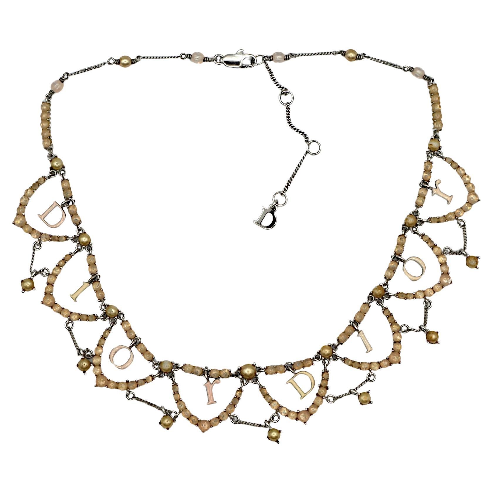 CHRISTIAN DIOR Vintage Jewelled Dangling Logos Necklace For Sale