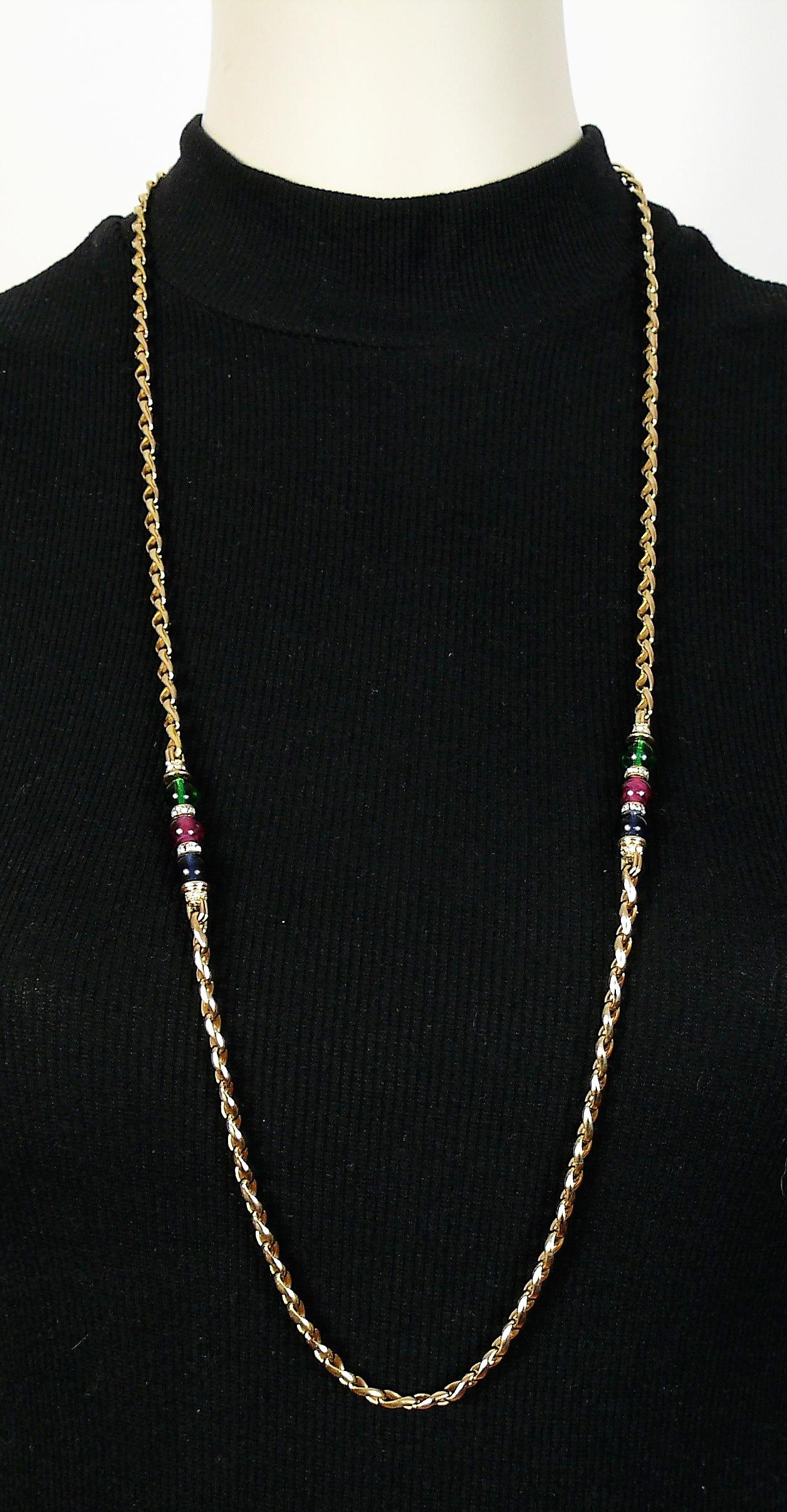 Christian Dior Vintage Jewelled Gold Tone Chain Sautoir Necklace In Excellent Condition For Sale In Nice, FR