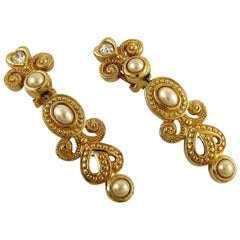 Christian Dior Vintage Jewelled Heart Faux Pearl Dangling Earrings