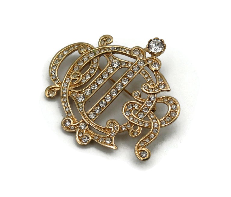 CHRISTIAN DIOR Vintage Jewelled Insigna Monogram Logo Brooch For Sale ...