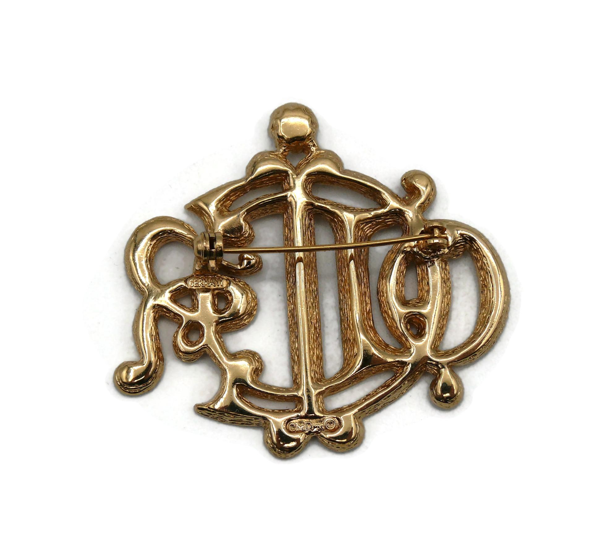 CHRISTIAN DIOR Vintage Jewelled Insigna Monogram Logo Brooch In Excellent Condition For Sale In Nice, FR