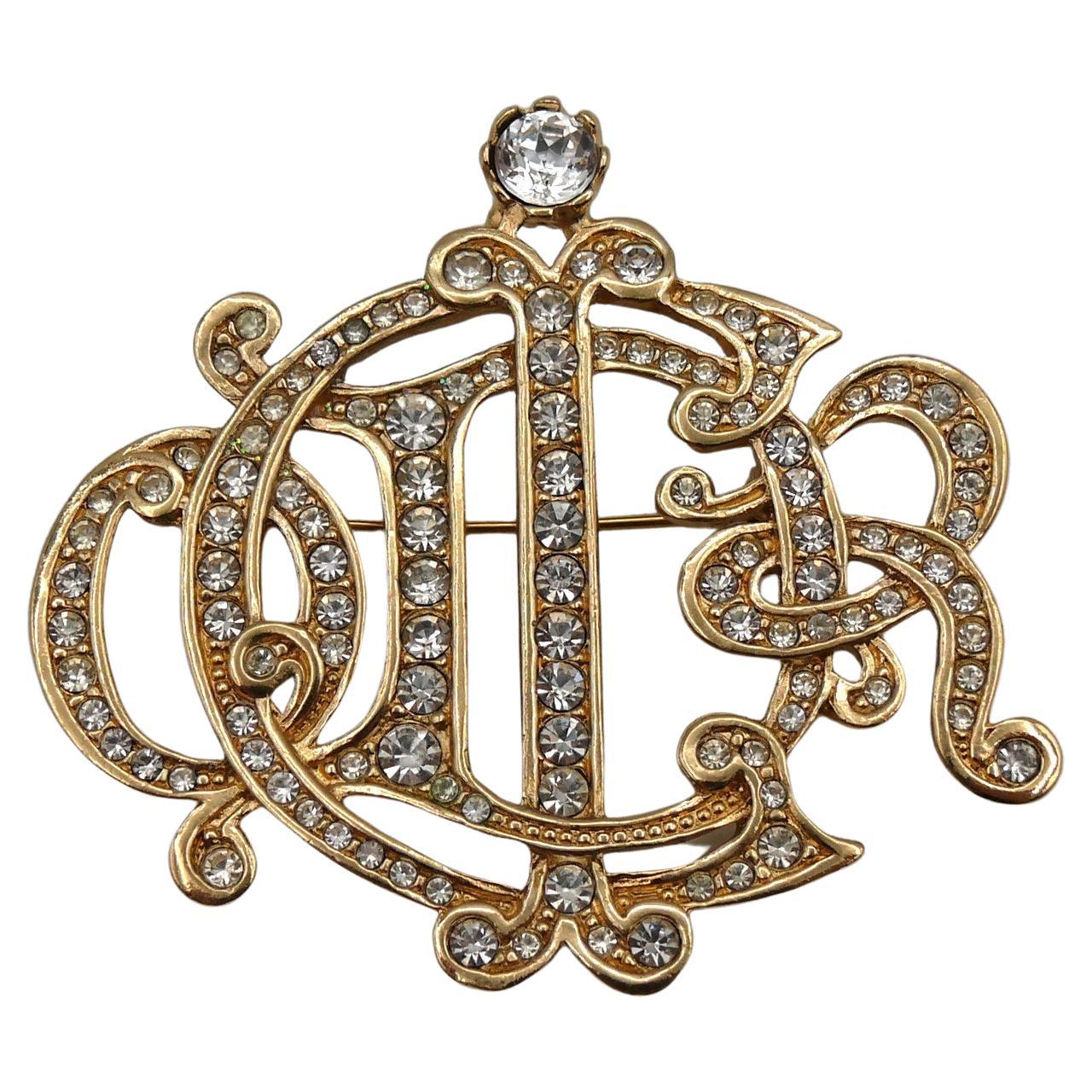 CHRISTIAN DIOR Vintage Jewelled Insigna Monogram Logo Brooch For Sale