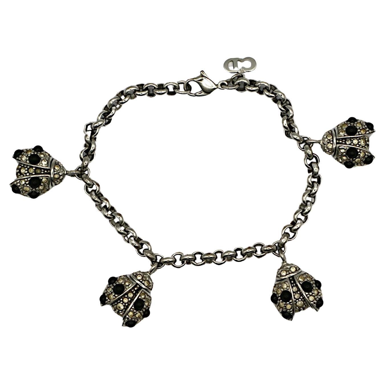 CHRISTIAN DIOR Vintage Jewelled Ladybug Charm Bracelet For Sale