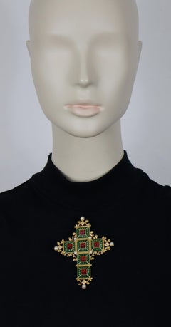 CHRISTIAN DIOR Vintage Jewelled Medieval Inspired Cross Brooch Pendant