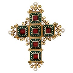 CHRISTIAN DIOR Vintage Jewelled Medieval Inspired Cross Brooch Pendant