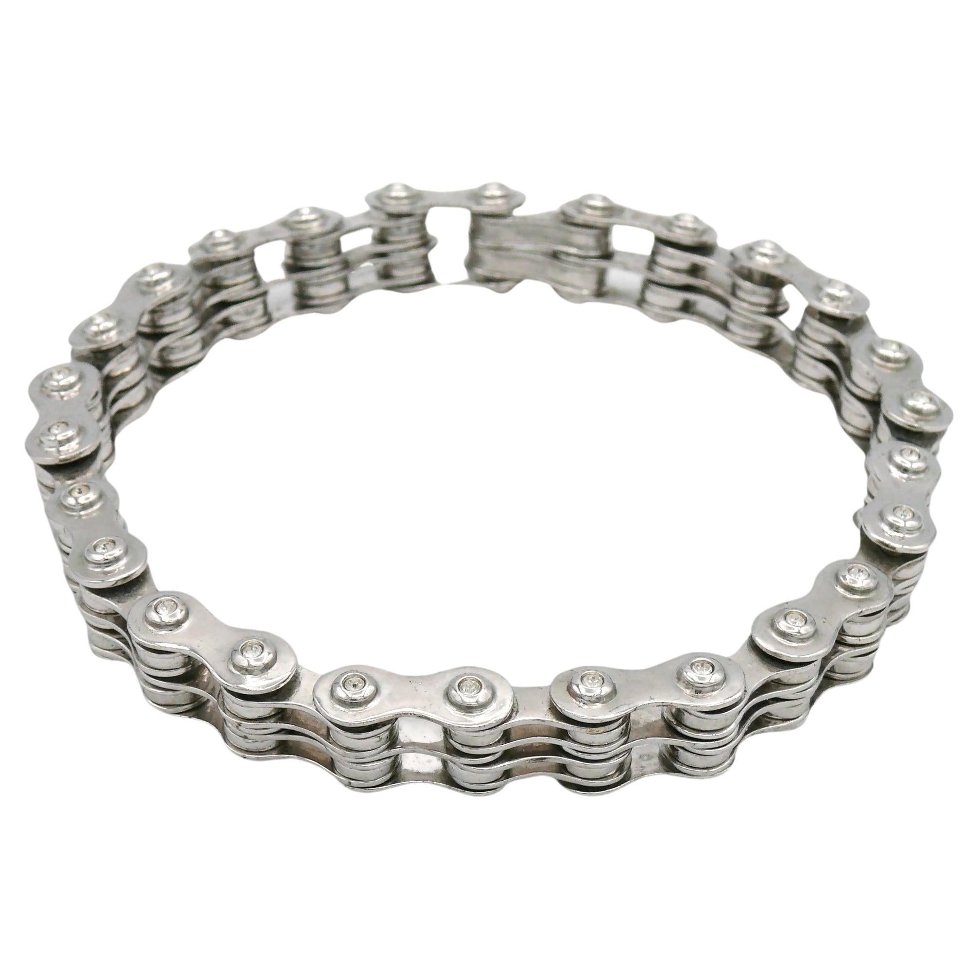 CHRISTIAN DIOR Vintage Juwelen Silber Ton Fahrrad Kette Choker Halskette im Angebot