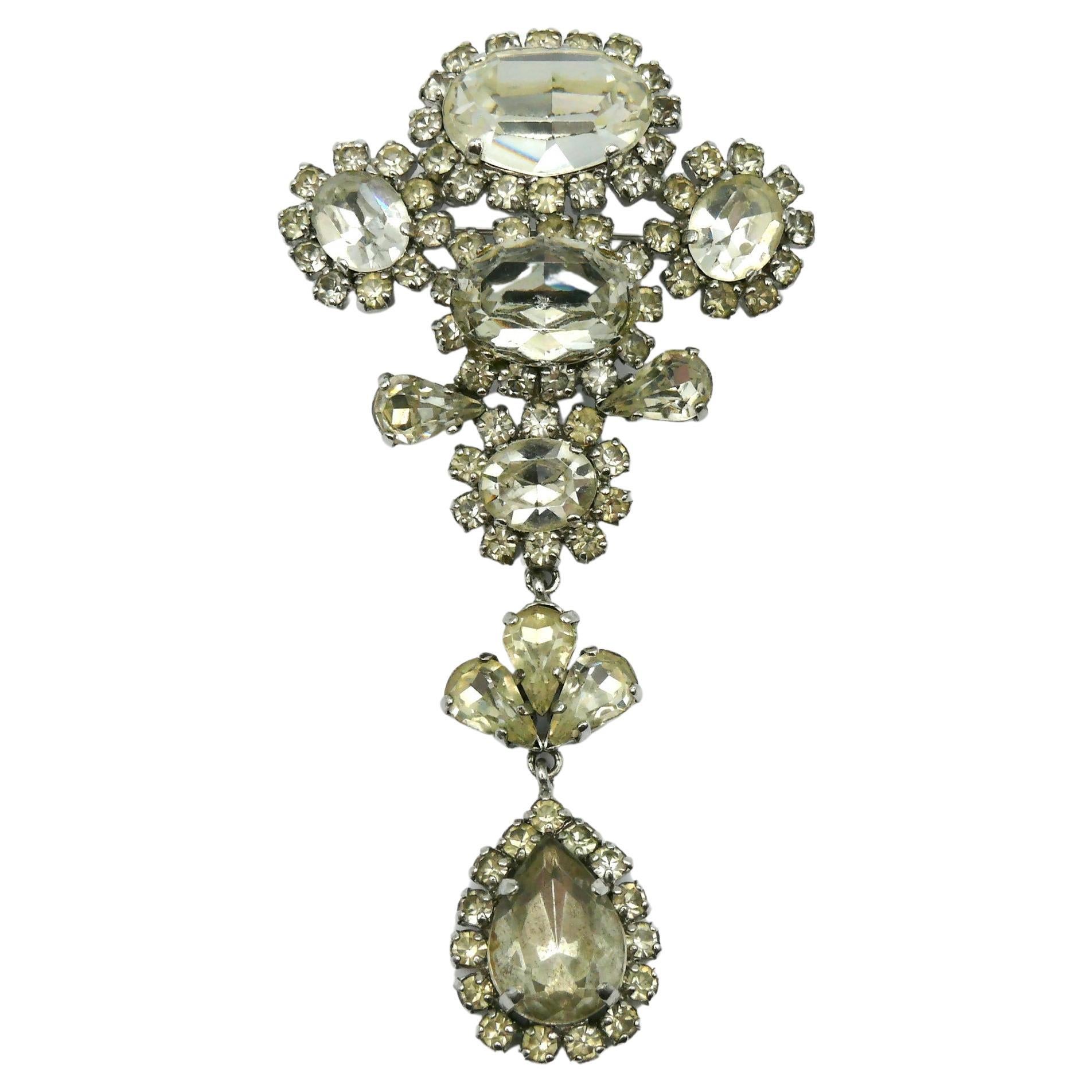 CHRISTIAN DIOR Vintage Jewelled Silver Tone Dangling Brooch For Sale