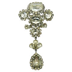 CHRISTIAN DIOR Vintage Jewelled Silver Tone Dangling Brooch