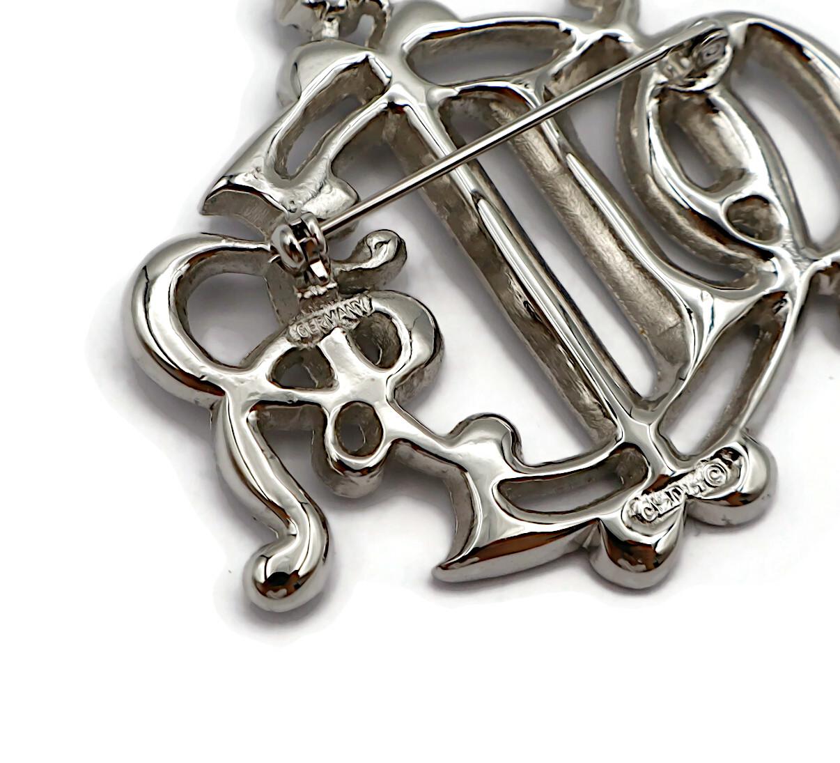 CHRISTIAN DIOR Vintage Jewelled Silver Tone Insigna Monogram Logo Brooch For Sale 7