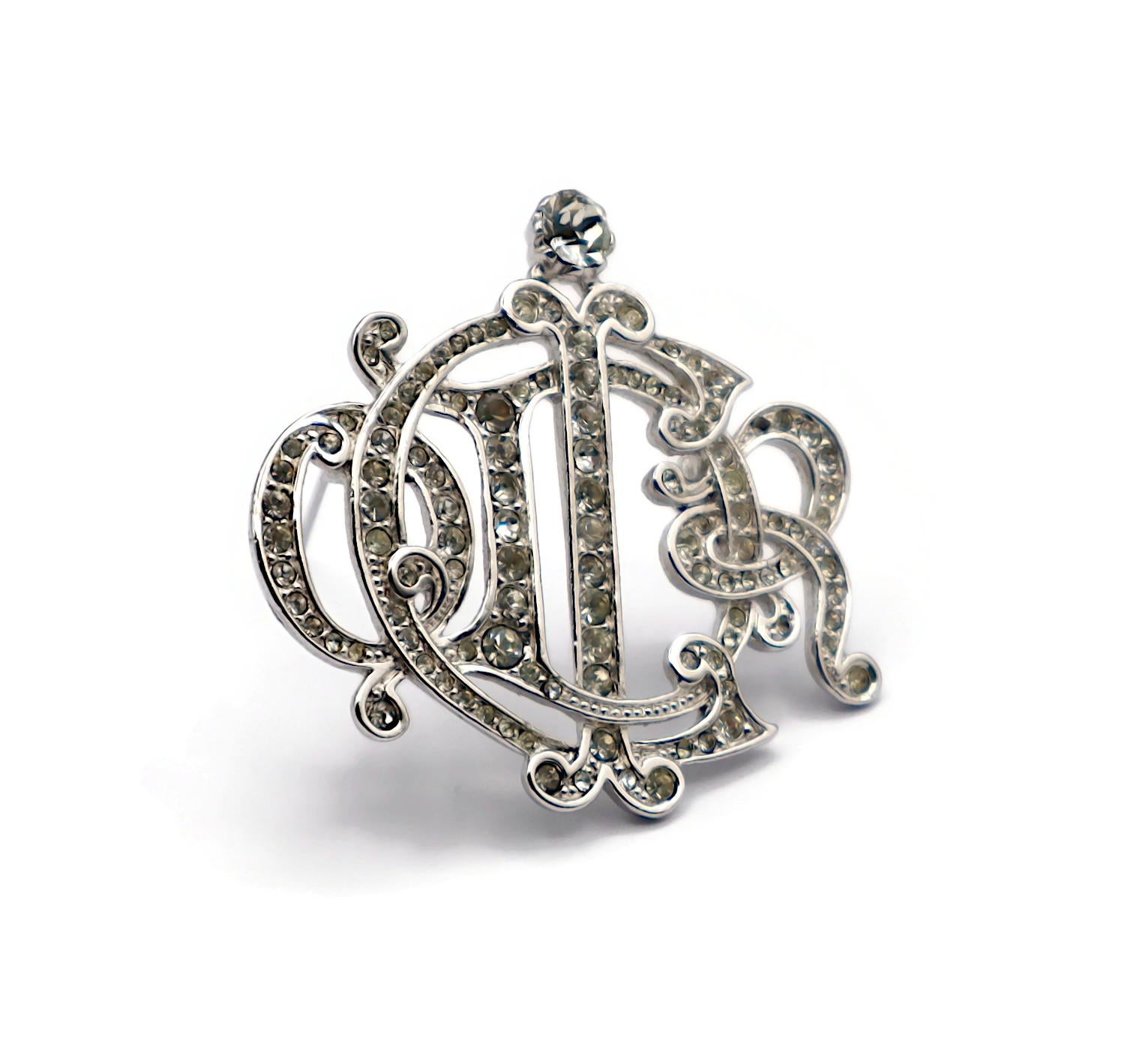 CHRISTIAN DIOR Vintage Jewelled Silver Tone Insigna Monogram Logo Brooch In Good Condition For Sale In Nice, FR