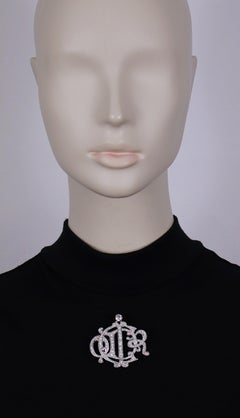 CHRISTIAN DIOR Vintage Jewelled Silver Tone Insigna Monogram Logo Brooch