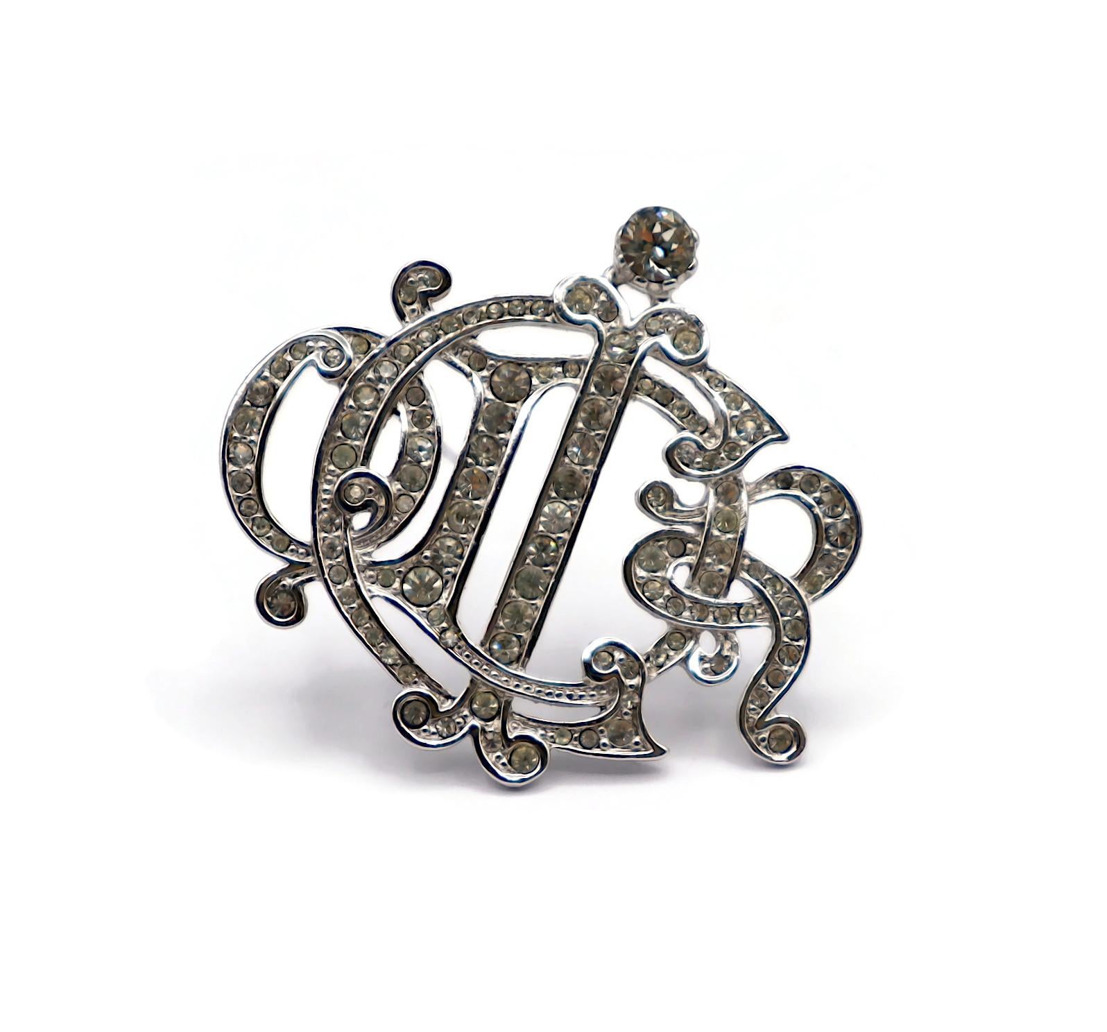 Women's CHRISTIAN DIOR Vintage Jewelled Silver Tone Insigna Monogram Logo Brooch For Sale