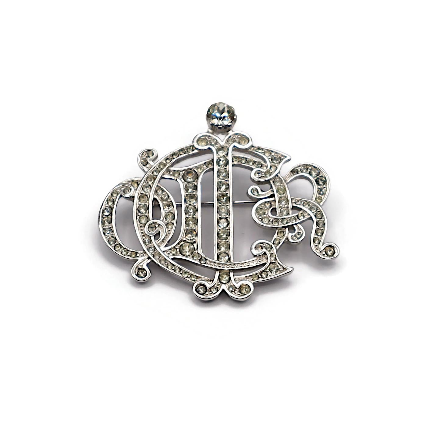 CHRISTIAN DIOR Vintage Jewelled Silver Tone Insigna Monogram Logo Brooch For Sale 2