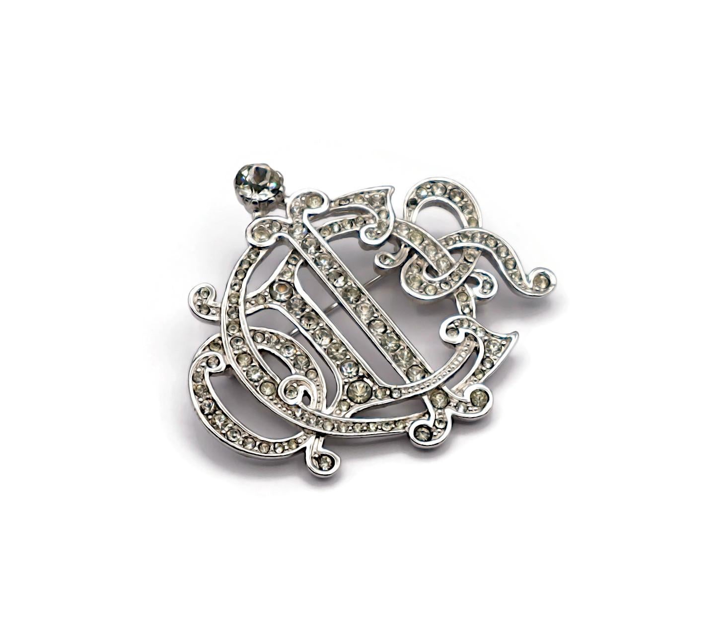 CHRISTIAN DIOR Vintage Jewelled Silver Tone Insigna Monogram Logo Brooch For Sale 3