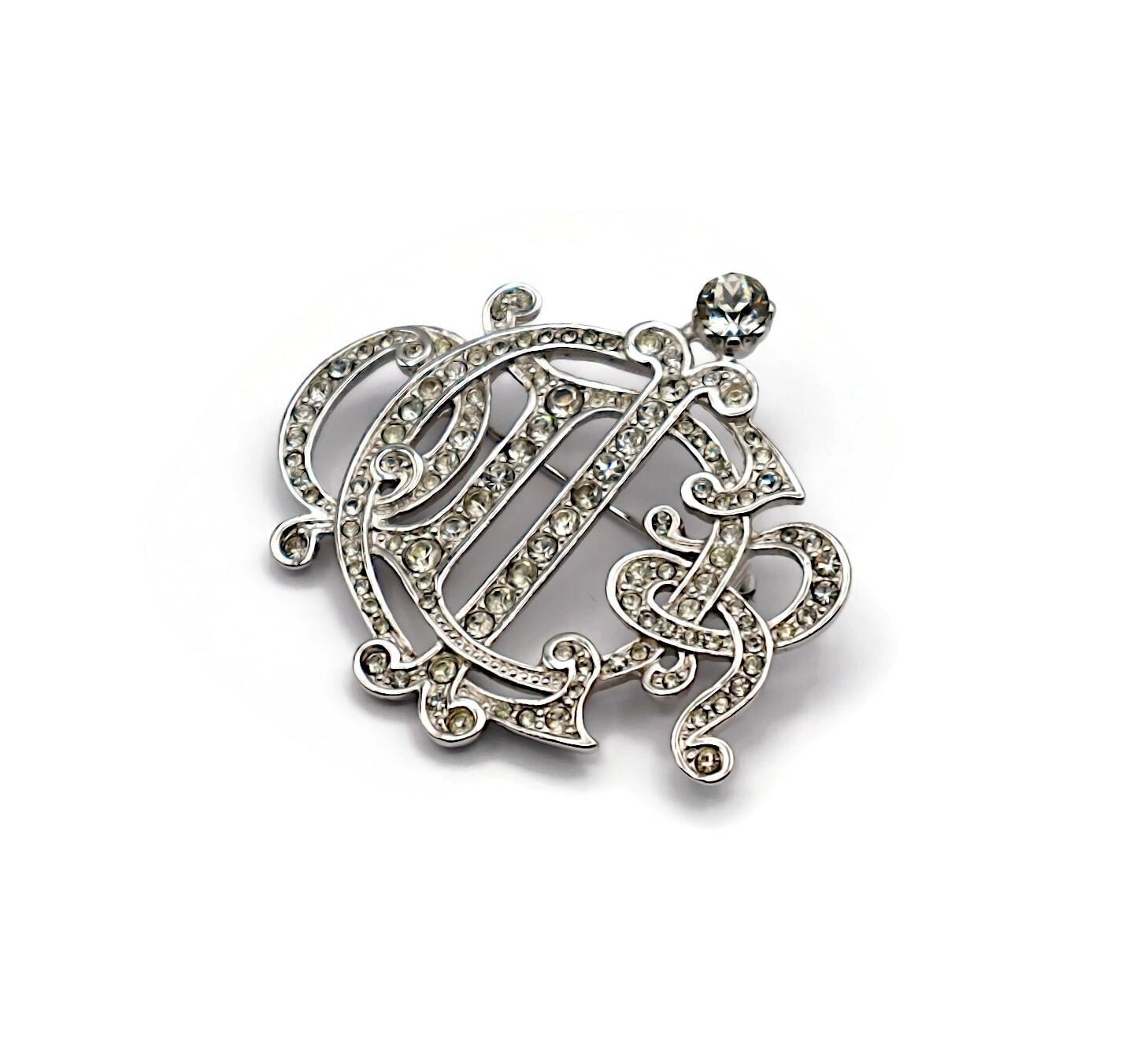 CHRISTIAN DIOR Vintage Jewelled Silver Tone Insigna Monogram Logo Brooch For Sale 4