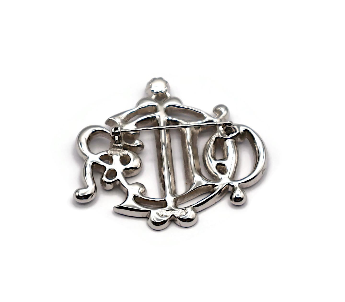 CHRISTIAN DIOR Vintage Jewelled Silver Tone Insigna Monogram Logo Brooch For Sale 5
