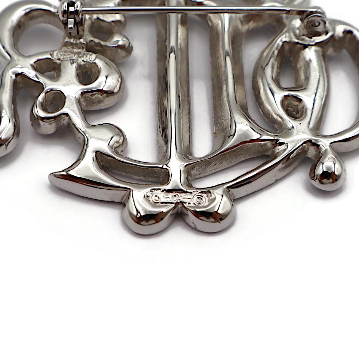 CHRISTIAN DIOR Vintage Jewelled Silver Tone Insigna Monogram Logo Brooch For Sale 6